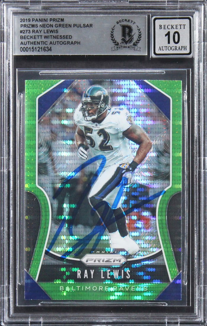 Ray Lewis Autographed 2019 Panini Prizm Neon Green Pulsar Card Gem Mint 10: Ray Lewis Autographed 2019 Panini Prizm Neon Green Pulsar Card Gem Mint 10 This is a Ray Lewis autographed 2019 Panini Prizm Neon Green Pulsar #273 card, graded Gem Mint 10 by Beckett Authentication S