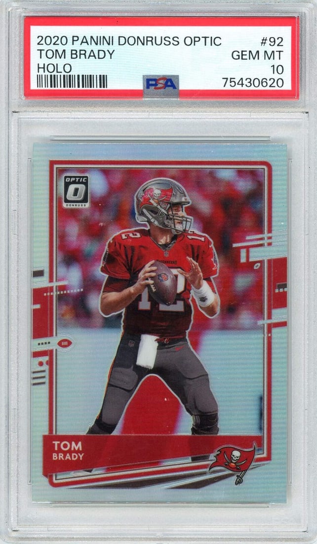 2020 Panini Donruss Optic Tom Brady #92 HOLO PSA 10 Football Card: 2020 Panini Donruss Optic Tom Brady #92 HOLO PSA 10 Football Card This is a graded 2020 Panini Donruss Optic Tom Brady #92 HOLO football card featuring the legendary quarterback playing for the Tampa 