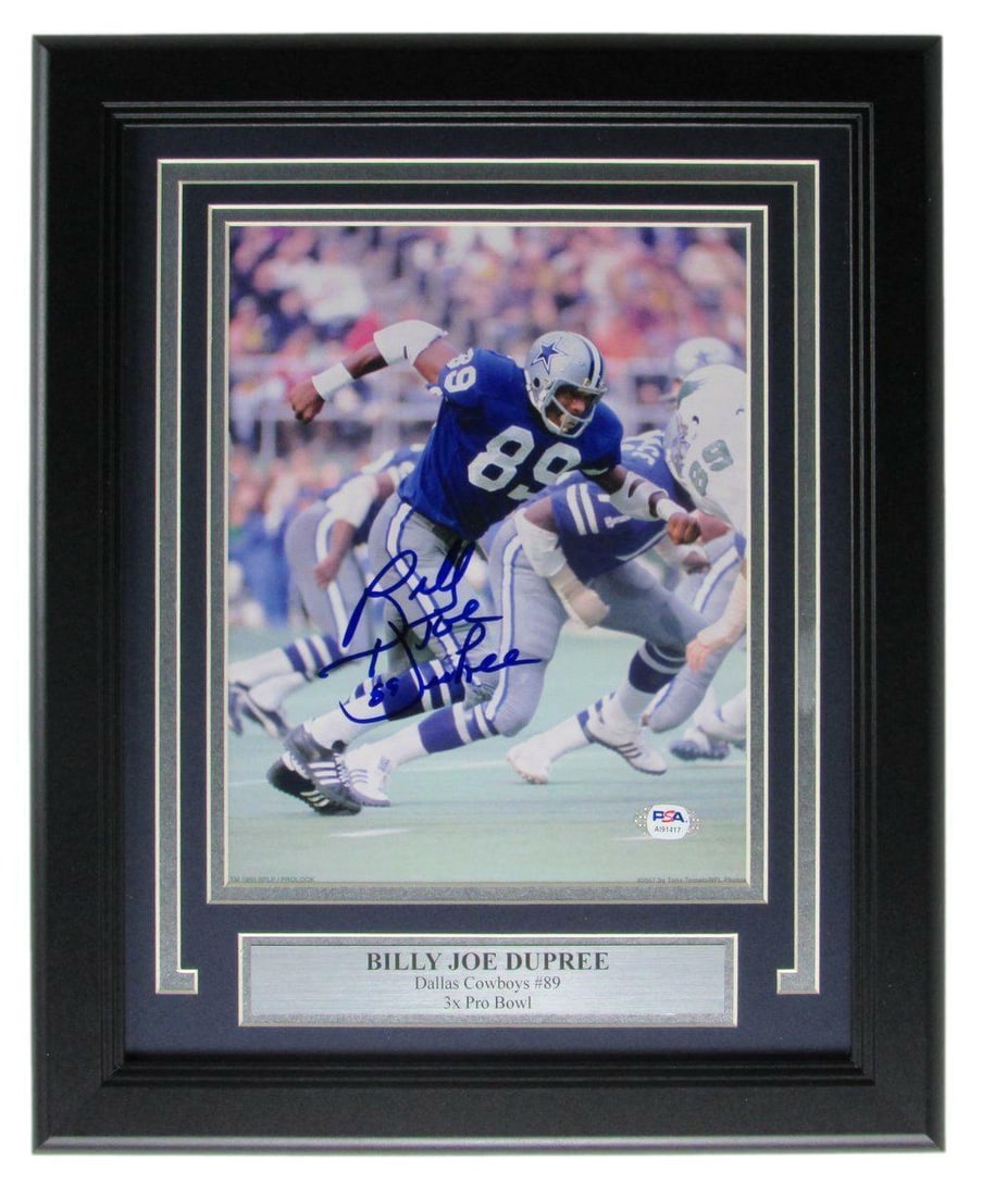 Billy Joe DuPree Dallas Cowboys Signed 8x10 Framed Photo PSA/DNA 13x16: Billy Joe DuPree Dallas Cowboys Signed 8x10 Framed Photo PSA/DNA 13x16 This is a framed 8x10 photo signed by Billy Joe DuPree, showcasing his time with the Dallas Cowboys. The photo is authenticated b