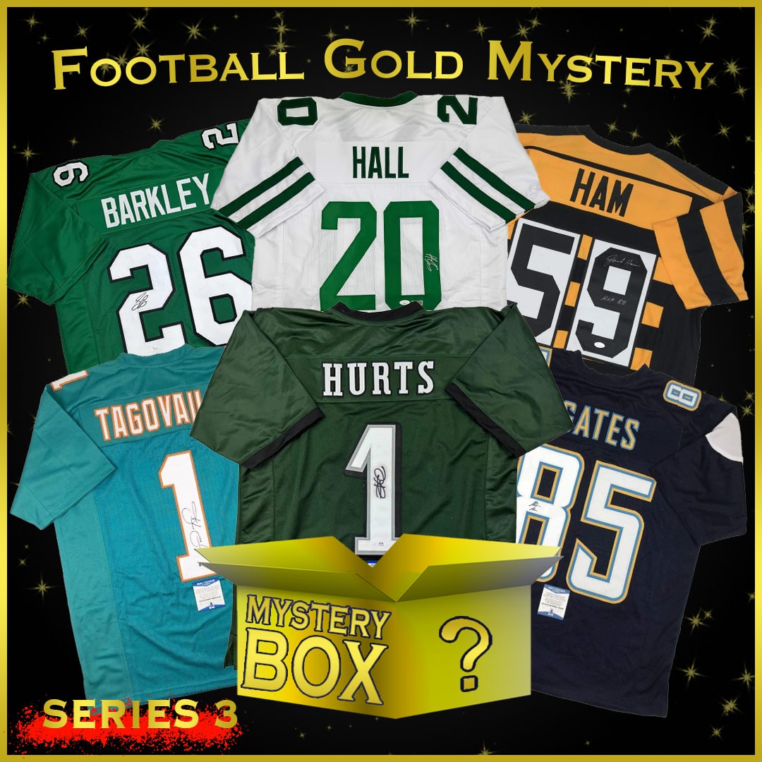 Autographed NFL Football Jersey Mystery Box Gold Series 3 JSA Authenticated: Autographed NFL Football Jersey Mystery Box Gold Series 3 JSA Authenticated This Gold Series 3 Mystery Box contains an autographed football jersey, featuring a signature authenticated by James Spence 