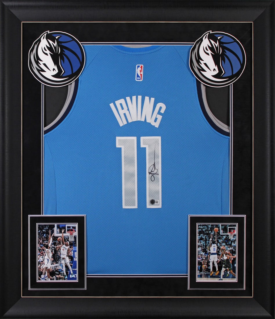 Kyrie Irving Signed Dallas Mavericks Framed Blue Nike Jersey BAS Authenticated: Kyrie Irving Signed Dallas Mavericks Framed Blue Nike Jersey BAS Authenticated This stunning blue Nike Swingman jersey is a must-have for any Dallas Mavericks fan. Featuring the signature of star play