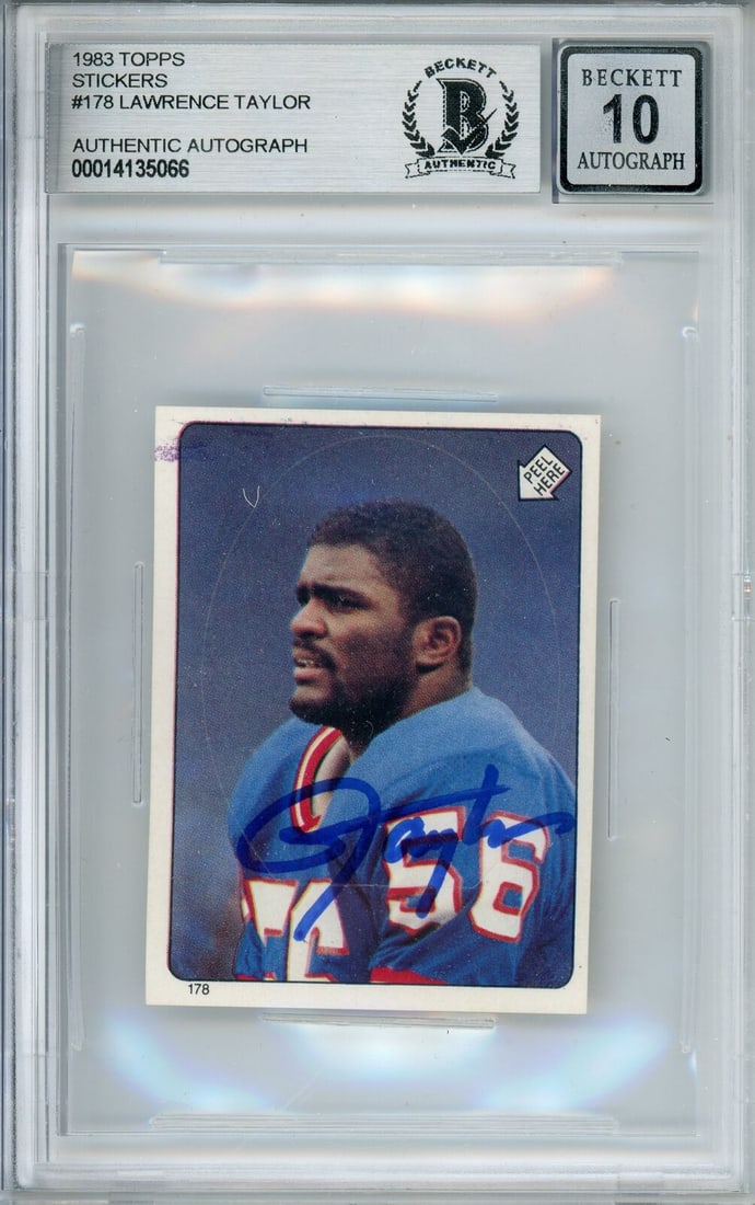 1983 Topps Stickers #178 Lawrence Taylor Autographed BAS Graded Card: 1983 Topps Stickers #178 Lawrence Taylor Autographed BAS Graded Card This 1983 Topps Stickers #178 card features Lawrence Taylor, a legendary player for the New York Giants. This vintage sports tradin