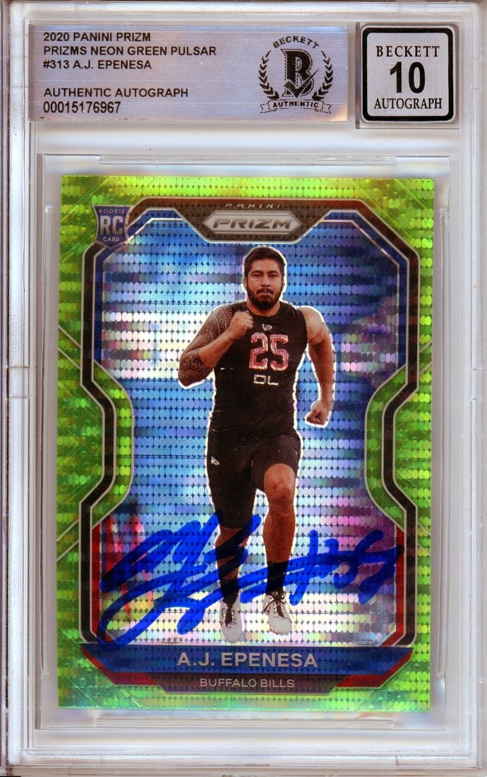 2020 Panini Prizm Neon Green Pulsar A.J. Epenesa RC BAS Certified: 2020 Panini Prizm Neon Green Pulsar A.J. Epenesa RC BAS Certified This 2020 Panini Prizm Neon Green Pulsar trading card features rookie A.J. Epenesa from the Buffalo Bills. Manufactured by Panini, thi