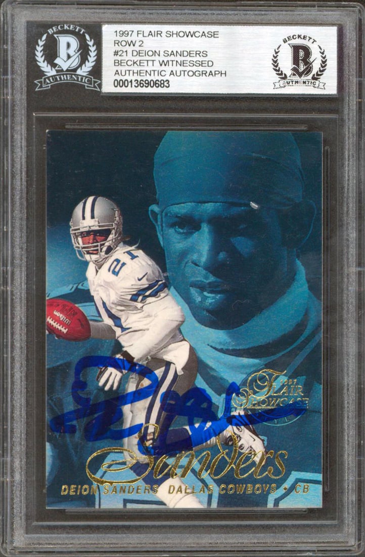 Deion Sanders Autographed 1997 Flair Showcase #21 Card BAS Slabbed: Deion Sanders Autographed 1997 Flair Showcase #21 Card BAS Slabbed This autographed 1997 Flair Showcase Row 2 #21 card features the legendary Deion Sanders of the Dallas Cowboys. Personally signed, th