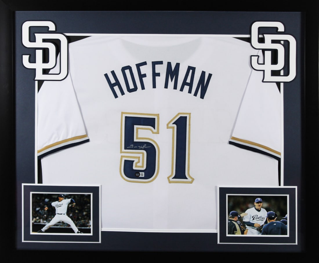 Trevor Hoffman Signed Framed Jersey San Diego Padres BAS Witnessed 32 x 37: Trevor Hoffman Signed Framed Jersey San Diego Padres BAS Witnessed 32 x 37 This authentic white pro style framed jersey is a remarkable piece of sports memorabilia, personally signed by Trevor Hoffman