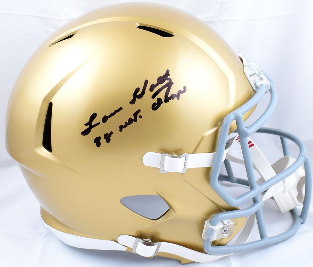 Lou Holtz Signed Notre Dame Helmet F/S Speed w/National Champs BAS: Lou Holtz Signed Notre Dame Helmet F/S Speed w/National Champs BAS This is a pre-owned Riddell full-size Speed helmet signed by Lou Holtz, the legendary coach of the Notre Dame Fighting Irish football