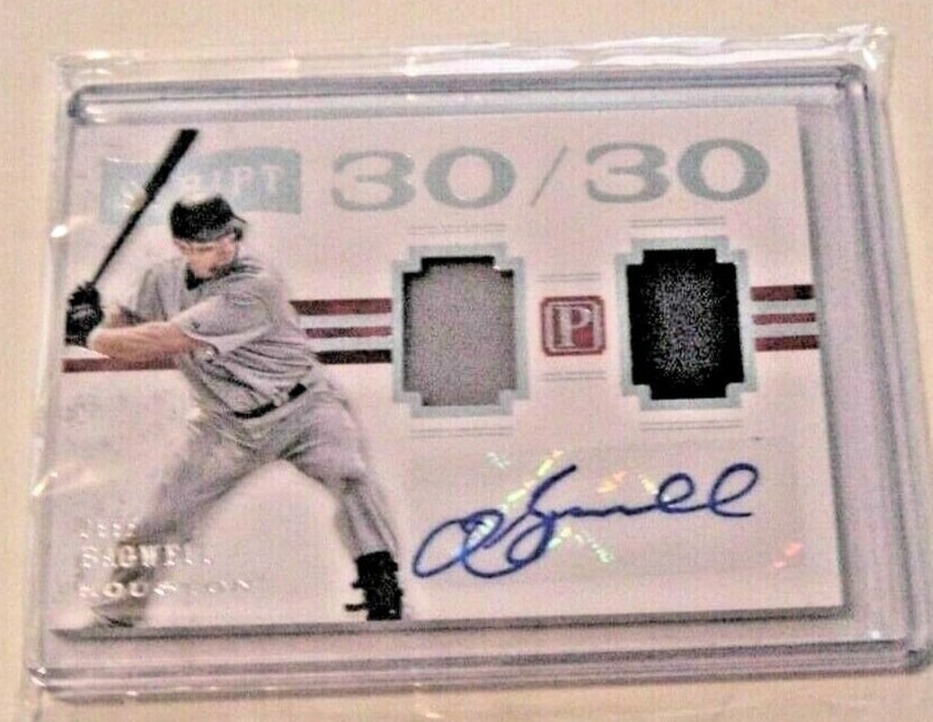 Jeff Bagwell 2016 Pantheon Dual Jersey Autographed Card 23/25: Jeff Bagwell 2016 Pantheon Dual Jersey Autographed Card 23/25 This is a Jeff Bagwell 2016 Pantheon Script Game Used Dual Jersey Autographed Card, numbered 23/25. It features dual game-used jersey piec