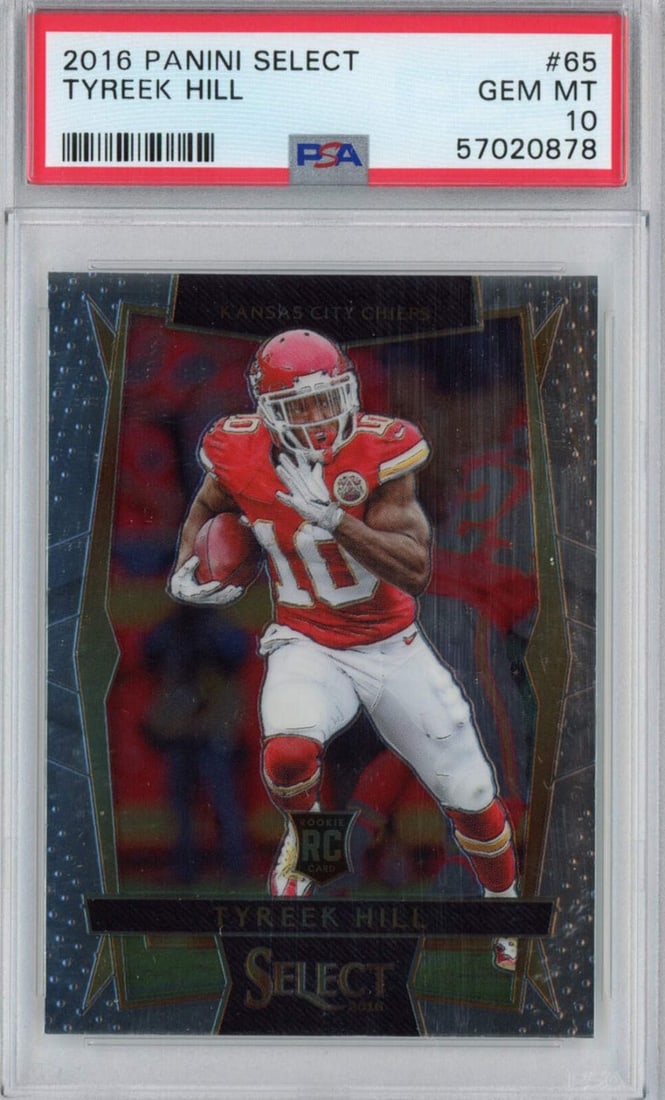 2016 Panini Select Tyreek Hill Rookie Card PSA 10 Mint NFL: 2016 Panini Select Tyreek Hill Rookie Card PSA 10 Mint NFL This 2016 Panini Select Tyreek Hill #65 Rookie RC Football Card is graded PSA 10 Mint, ensuring its exceptional quality. The card features Ty