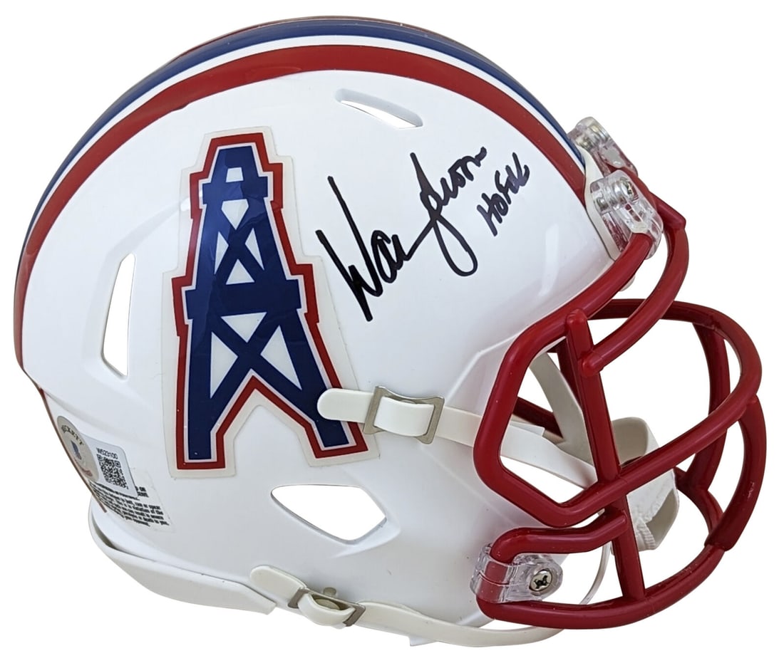 Warren Moon Signed Houston Oilers Mini Helmet HOF 06 BAS Authenticated: Warren Moon Signed Houston Oilers Mini Helmet HOF 06 BAS Authenticated This Houston Oilers Throwback Speed Mini Helmet is personally signed by Warren Moon, featuring the inscription "HOF 06". This col