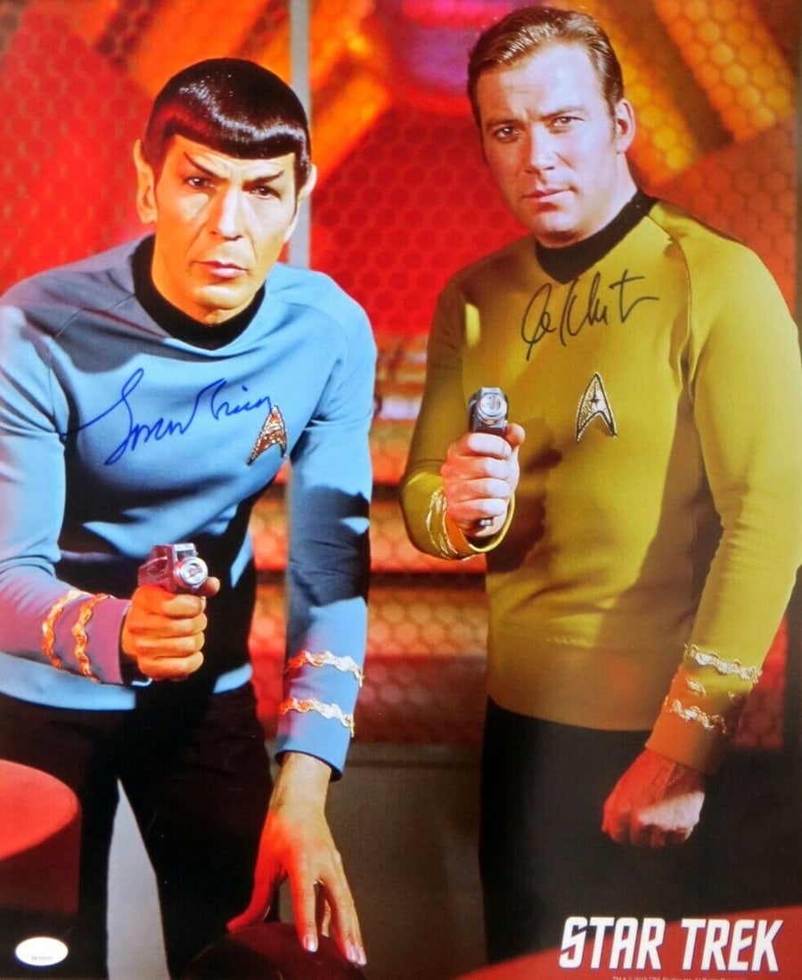 William Shatner Leonard Nimoy Signed 16x20 Star Trek Photo JSA Authenticated: William Shatner Leonard Nimoy Signed 16x20 Star Trek Photo JSA Authenticated This striking 16x20 photograph features the autographs of iconic Star Trek stars William Shatner and Leonard Nimoy. Both si