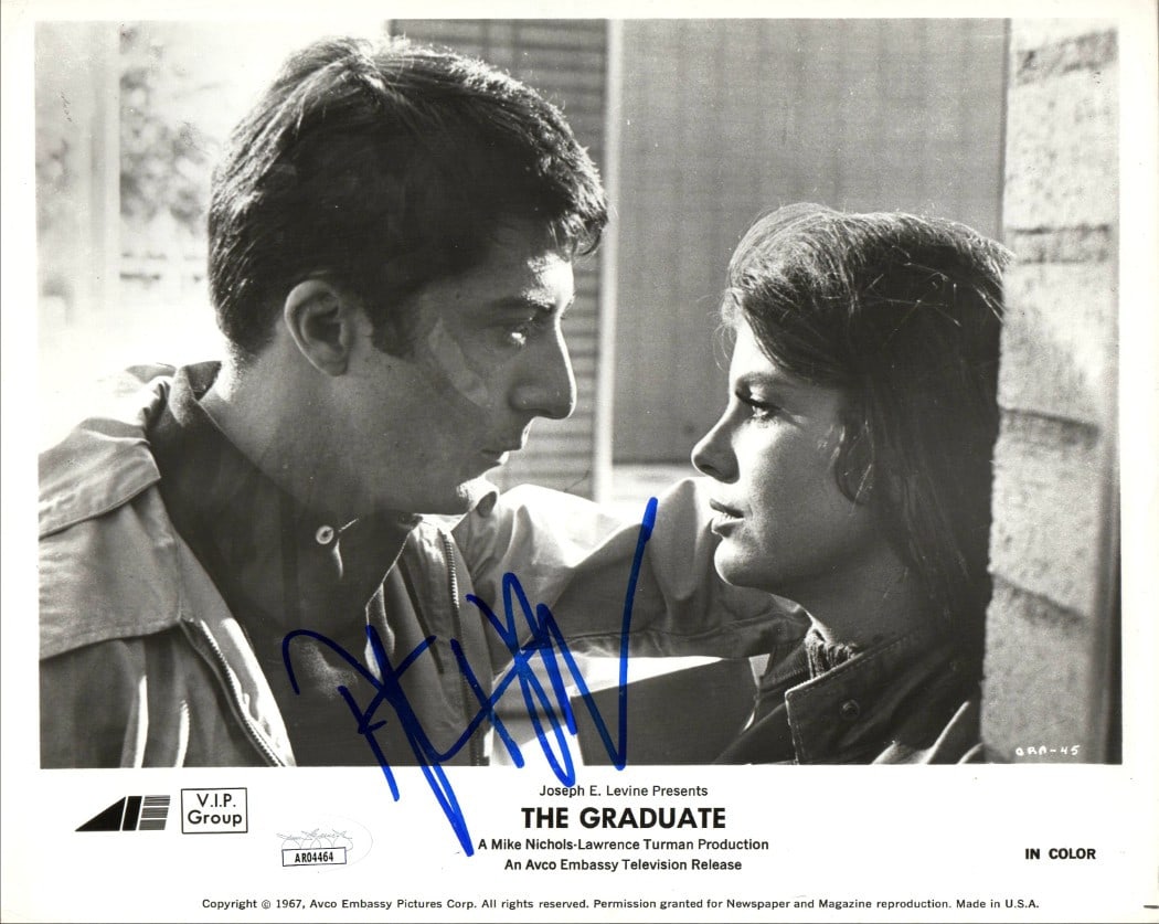 Dustin Hoffman Autographed 8x10 Photo The Graduate JSA Certified: Dustin Hoffman Autographed 8x10 Photo The Graduate JSA Certified This is an original 8x10 black and white promotional photograph signed by the iconic actor Dustin Hoffman, famous for his role in 'The