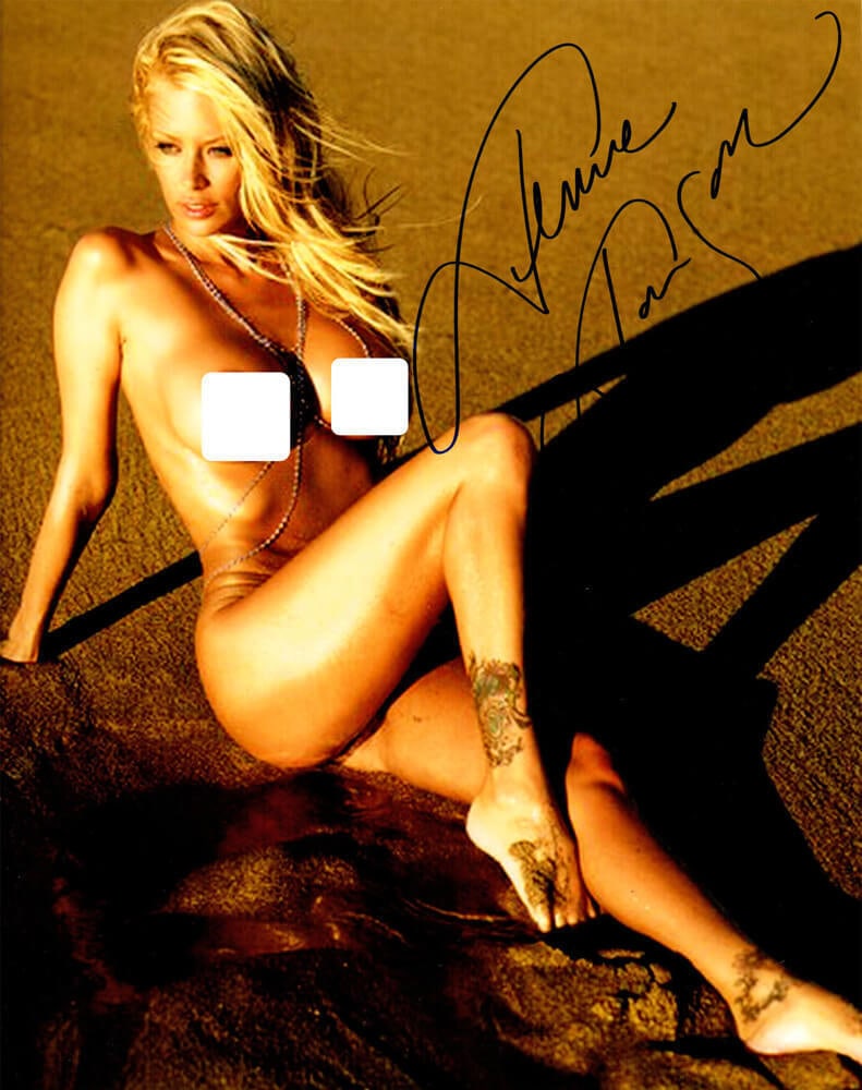 Jenna Jameson 8x10 Signed Nude Beach Photo with Certificate of Authenticity: Jenna Jameson 8x10 Signed Nude Beach Photo with Certificate of Authenticity This captivating 8x10 photo features Jenna Jameson in a nude, topless pose on the beach, hands in the sand. The image is bot