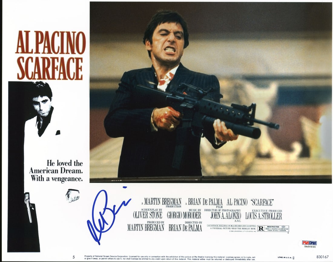 Al Pacino Scarface Signed 11x14 Lobby Card Gem Mint 10 PSA/DNA: Al Pacino Scarface Signed 11x14 Lobby Card Gem Mint 10 PSA/DNA This original 11x14 lobby card photograph features a stunning image from the iconic film Scarface, personally signed by the legendary act