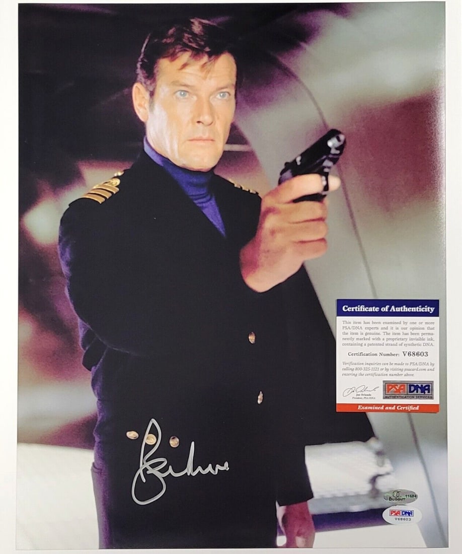 Roger Moore Signed 11x14 Photo James Bond PSA/DNA Authentic: Roger Moore Signed 11x14 Photo James Bond PSA/DNA Authentic This stunning 11x14 photograph features the legendary Roger Moore, known for his iconic portrayal of James Bond in films such as Moonraker, 