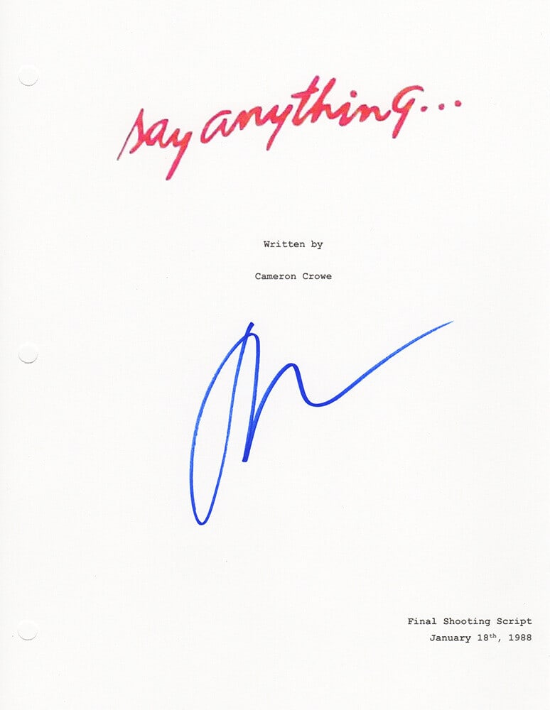 John Cusack Say Anything Signed Script Cover with COA: John Cusack Say Anything Signed Script Cover with COA John Cusack signed Say Anything movie script cover sheet. Item comes with a tamper-proof numbered hologram and Certificate of Authenticity which c