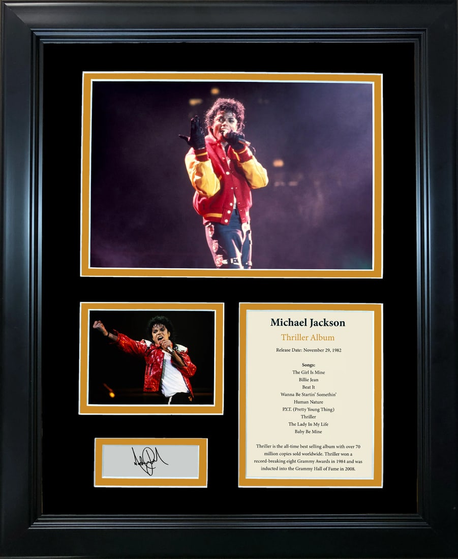 Framed Michael Jackson Thriller Album Facsimile with JSA Authentication 12x15: Framed Michael Jackson Thriller Album Facsimile with JSA Authentication 12x15 This framed display features a facsimile of Michael Jackson's iconic 'Thriller' album cover, elegantly presented in a 12" 
