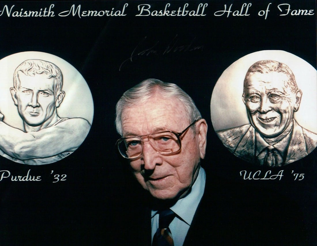 John Wooden Autographed 8X10 Photo Silver Ink Naismith HOF: John Wooden Autographed 8X10 Photo Silver Ink Naismith HOF This is an original 8X10 photograph of John Wooden, a celebrated basketball coach and Naismith Hall of Fame inductee, featuring his autograph