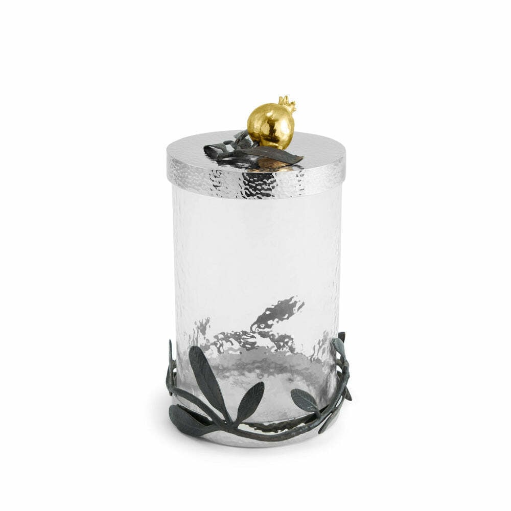 Michael Aram Pomegranate Brass Glass Canister 9.75" H 72 oz: Michael Aram Pomegranate Brass Glass Canister 9.75" H 72 oz The Michael Aram Pomegranate Brass and Glass Kitchen Canister is a beautifully designed medium canister that showcases the elegance of the P
