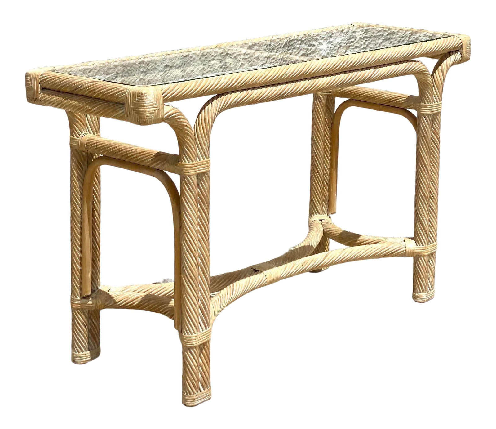 Ecru Vintage Cerused Reed Console Table with Glass Top 48 x 15.5 x 28: Ecru Vintage Cerused Reed Console Table with Glass Top 48 x 15.5 x 28 Fantastic vintage console table. Made from a cerused pencil reed in a twisted frame design. Inset glass top. Acquired from a Palm