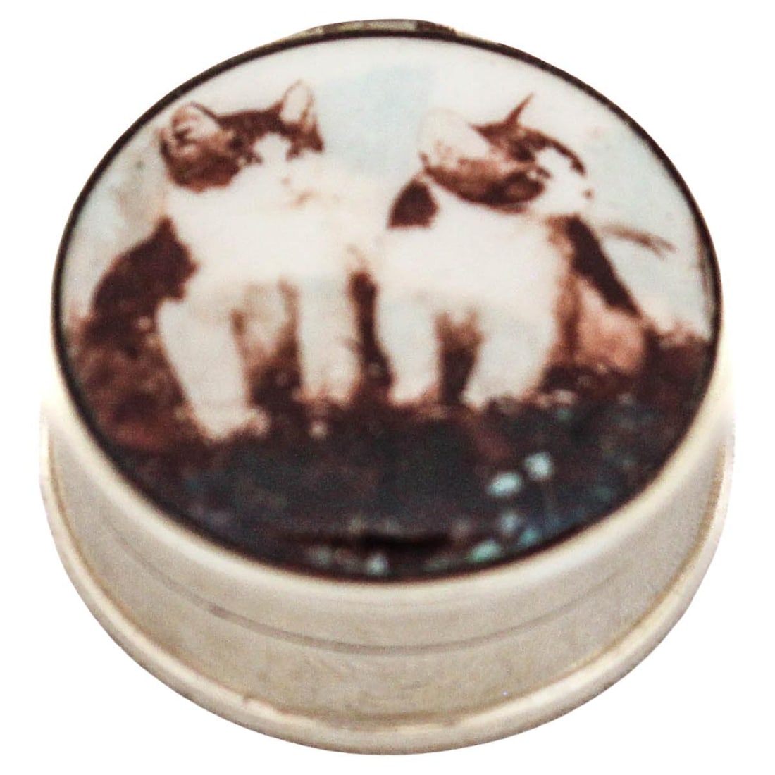 Sterling Silver Pillbox with Enamel Kittens: Sterling Silver Pillbox with Enamel Kittens This exquisite sterling silver pillbox features a charming enamel top adorned with two playful kittens. Crafted in England, this round pillbox showcases bot