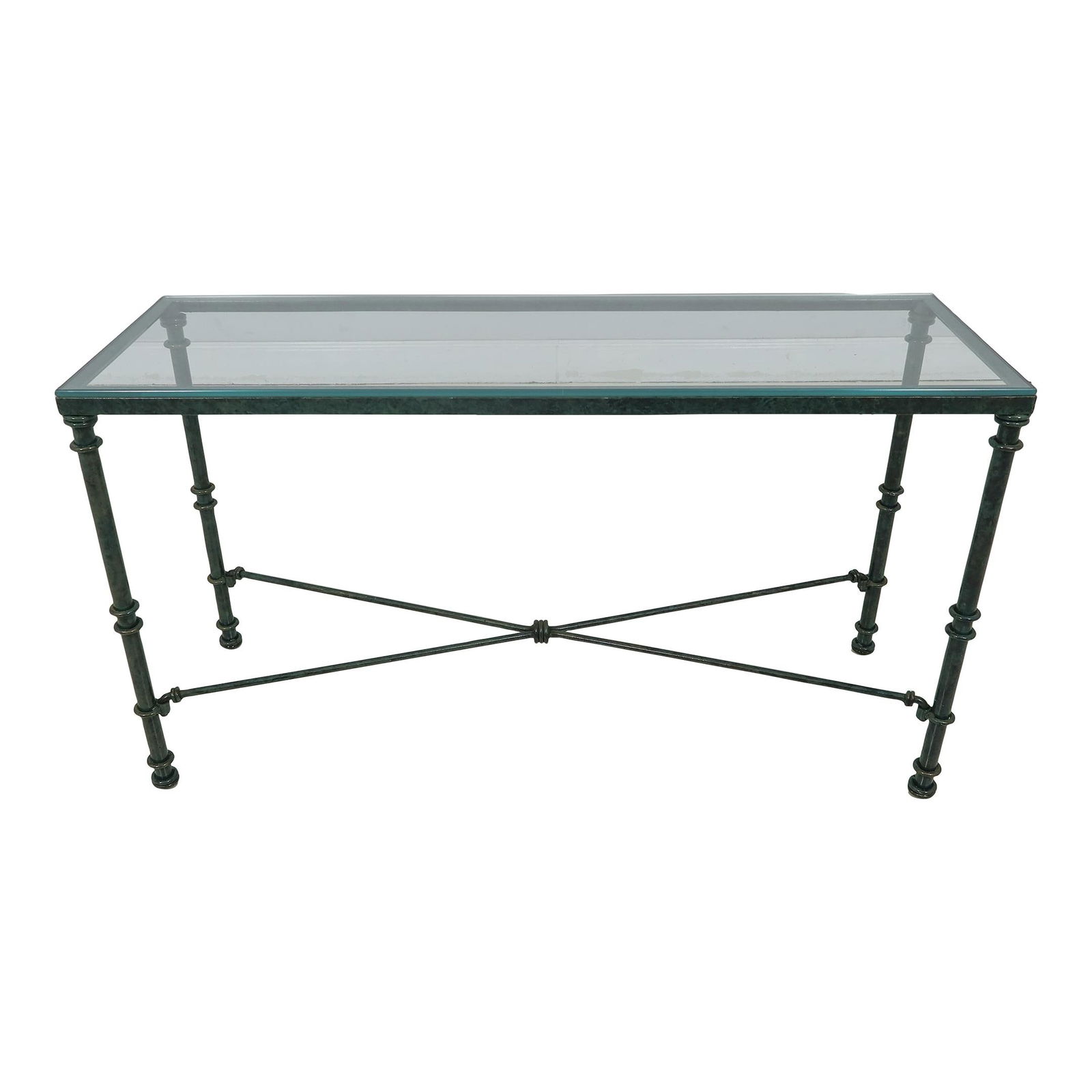 Elegant Green Iron Base Glass Top Console Table 50 x 17 x 27.5: Elegant Green Iron Base Glass Top Console Table 50 x 17 x 27.5 This exquisite console table features a sturdy iron base with a striking green finish that adds a touch of elegance to any space. The tab