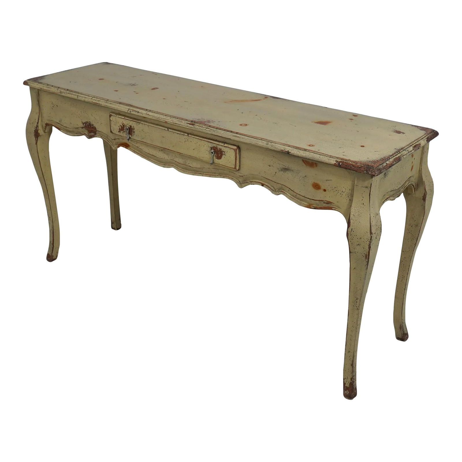 Country French Distressed White Wood Console Table 55" W: Country French Distressed White Wood Console Table 55" W This exquisite console table embodies the charm of Country French design with its factory heavy distressed finish. Crafted from quality wood, i