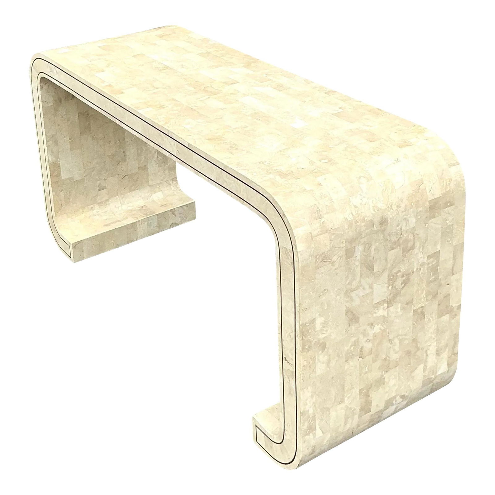Maitland Smith Vintage Tessellated Stone Scroll Console Table: Maitland Smith Vintage Tessellated Stone Scroll Console Table Enhance your interior with this exquisite vintage tessellated stone scroll console table, seamlessly combining boho charm with timeless el