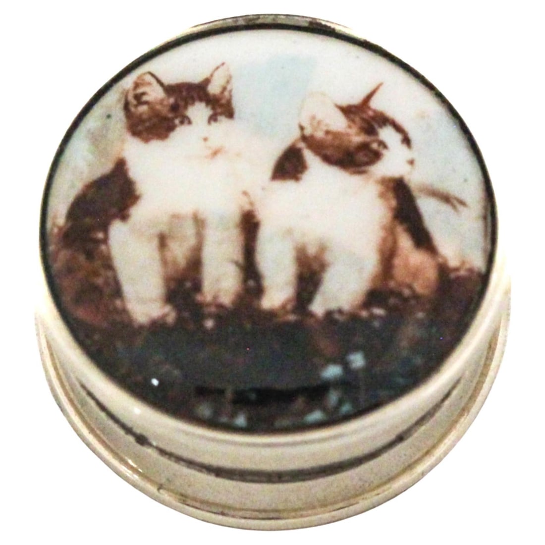 Sterling Silver Pill Box with Enamel Kittens 1 in Diameter: Sterling Silver Pill Box with Enamel Kittens 1 in Diameter This charming pill box combines functionality with delightful design. Crafted from sterling silver, it features a vibrant enamel top showcasi