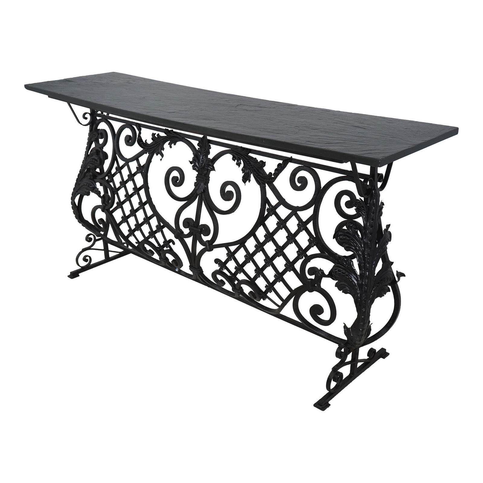 Vintage Ornate Iron Base Console Table 71.5 x 20 x 36 Black Faux Slate Top: Vintage Ornate Iron Base Console Table 71.5 x 20 x 36 Black Faux Slate Top This vintage ornate console table features a heavy iron base with intricate detailing, showcasing quality craftsmanship. The
