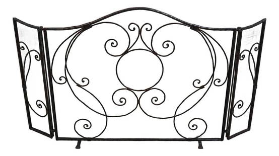 Jan Barboglio Wrought Iron Trifold Fireplace Screen 50 Years Old Black Finish: Jan Barboglio Wrought Iron Trifold Fireplace Screen 50 Years Old Black Finish This beautifully crafted trifold fireplace screen features a high-quality, heavy distressed hand-wrought iron frame, showc