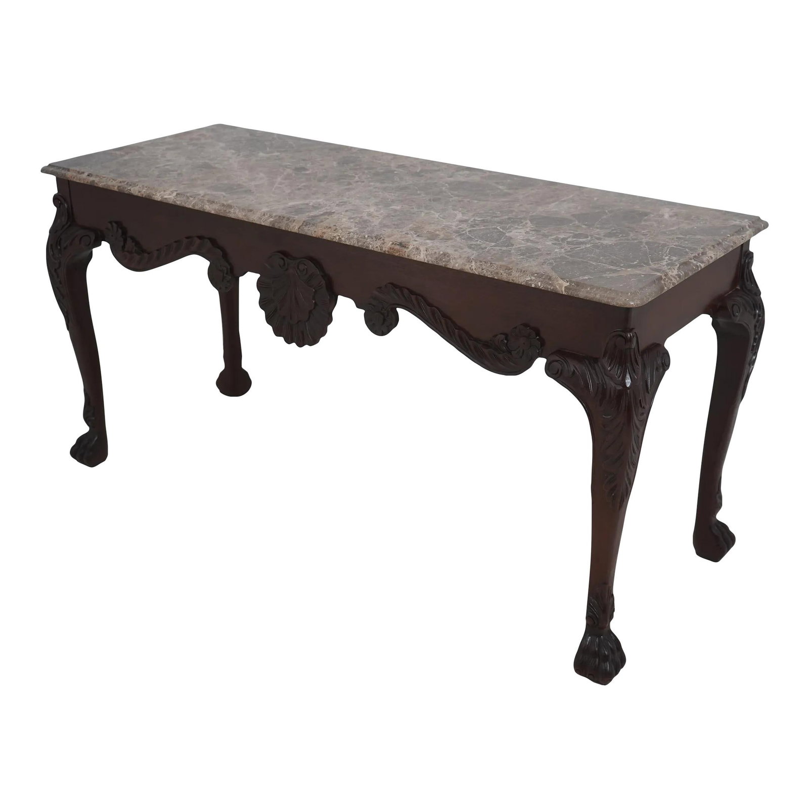 Baker Chippendale Style Mahogany Console Table 58x22x30: Baker Chippendale Style Mahogany Console Table 58x22x30 This exquisite Baker Marble Top Paw Foot Mahogany Console Table showcases a beautiful reddish mahogany finish and intricate carved details, refl