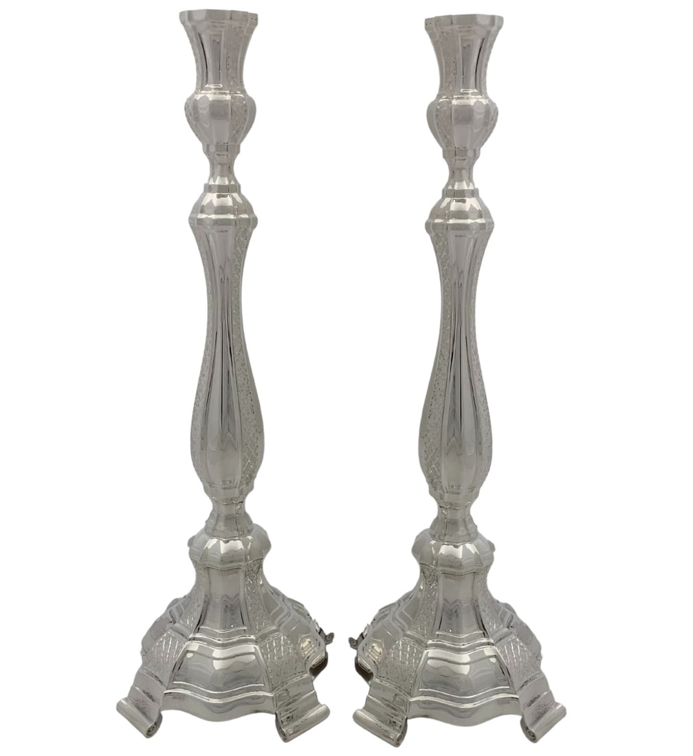 Handmade 925 Sterling Silver Diamond Cut Candlesticks 14.25": Handmade 925 Sterling Silver Diamond Cut Candlesticks 14.25" Elevate your home decor with these exquisite handmade modern candlesticks crafted from fine 925 sterling silver. Featuring a stunning diamo
