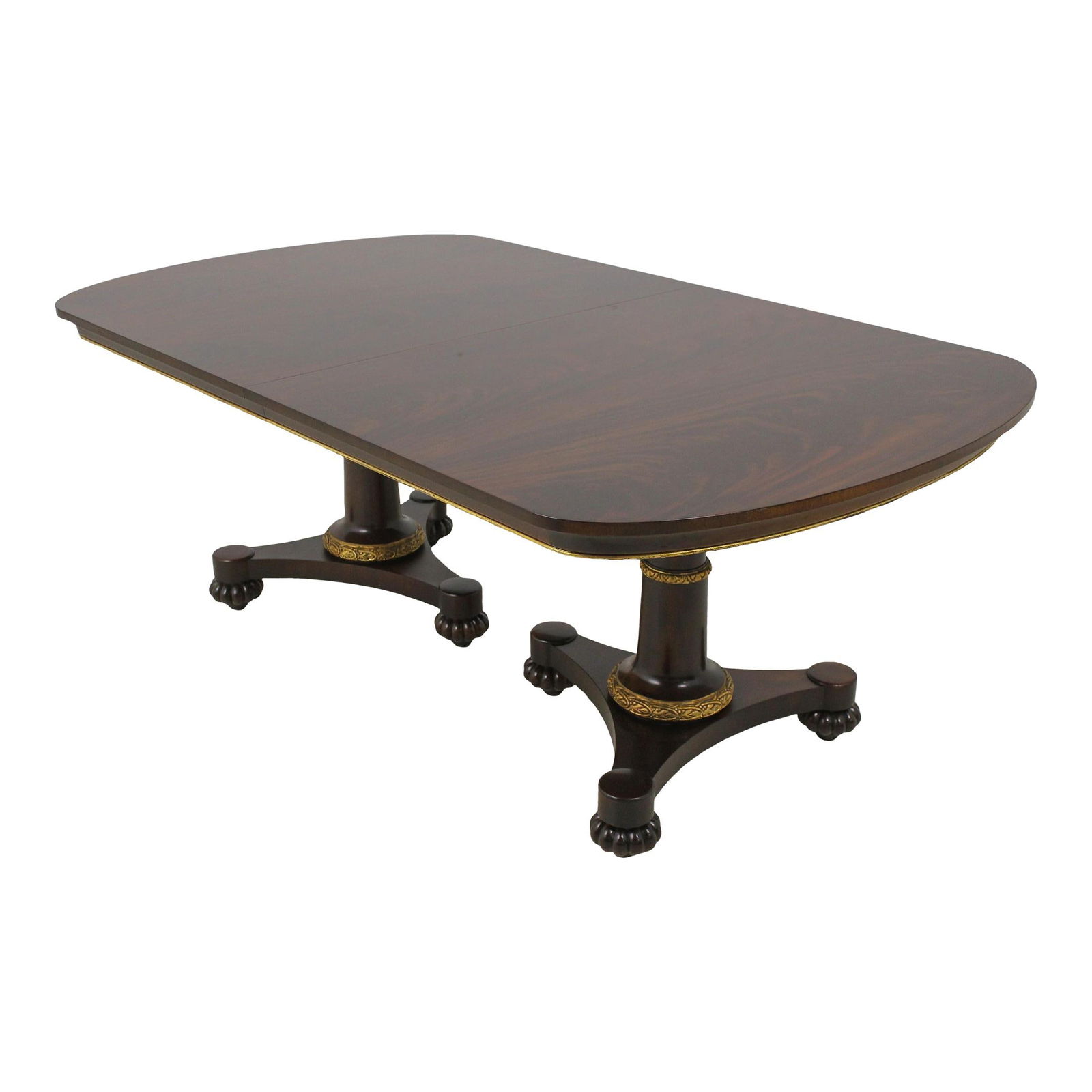 Neoclassical Mahogany Dining Room Table: Neoclassical Mahogany Dining Room Table This elegant John Widdicomb Neoclassical dining room table showcases exquisite craftsmanship and timeless design. The table features a stunning figural mahogany