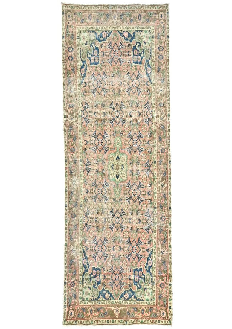 Vintage 3'1 x 9'3 Hand-Knotted Tribal Runner Rug Wool Floral Design: Vintage 3'1 x 9'3 Hand-Knotted Tribal Runner Rug Wool Floral Design Enhance your living space with this exquisite Vintage Distressed Oriental Runner Rug. Measuring 3'1" x 9'3", this rug features a cap