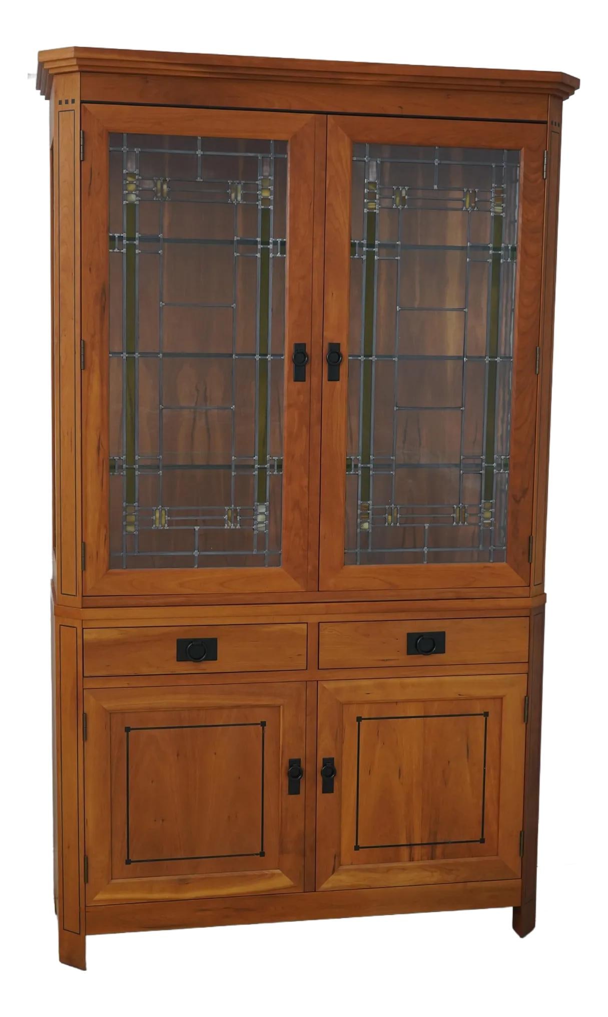 Stickley Cherry China Cabinet 21st Century Collection with Lighted Interior: Stickley Cherry China Cabinet 21st Century Collection with Lighted Interior This exquisite Stickley 21st Century Collection Cherry China Cabinet showcases a modern Arts & Crafts style, characterized b