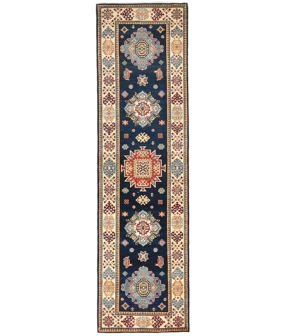 Dark Navy Kazak Runner Rug 2'8 x 9'6 Hand-Knotted Wool Geometric Design: Dark Navy Kazak Runner Rug 2'8 x 9'6 Hand-Knotted Wool Geometric Design Enhance your space with this stunning Dark Navy Kazak Runner Rug, featuring a geometric design that blends beautifully with mode
