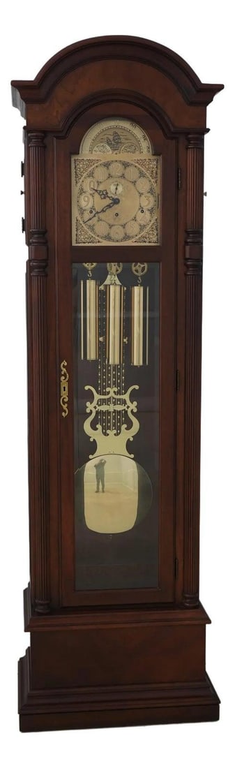 Ethan Allen Mahogany Grandfather Clock with Brass Movement: Ethan Allen Mahogany Grandfather Clock with Brass Movement This Ethan Allen Mahogany Tall Case Grandfather Clock is a timeless piece, approximately 30 years old, featuring a beautifully beveled glass