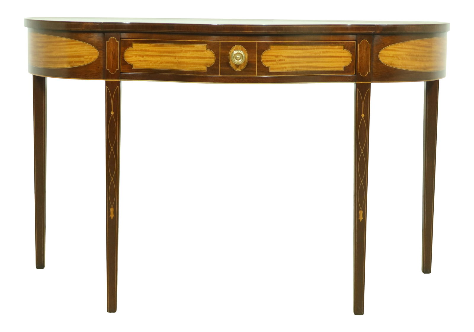 Highly Inlaid Mahogany 1 Drawer Console Table: Highly Inlaid Mahogany 1 Drawer Console Table This exquisite console table from the Winterthur Collection showcases elegant dovetailed drawer construction and rich mahogany craftsmanship. With an 18th