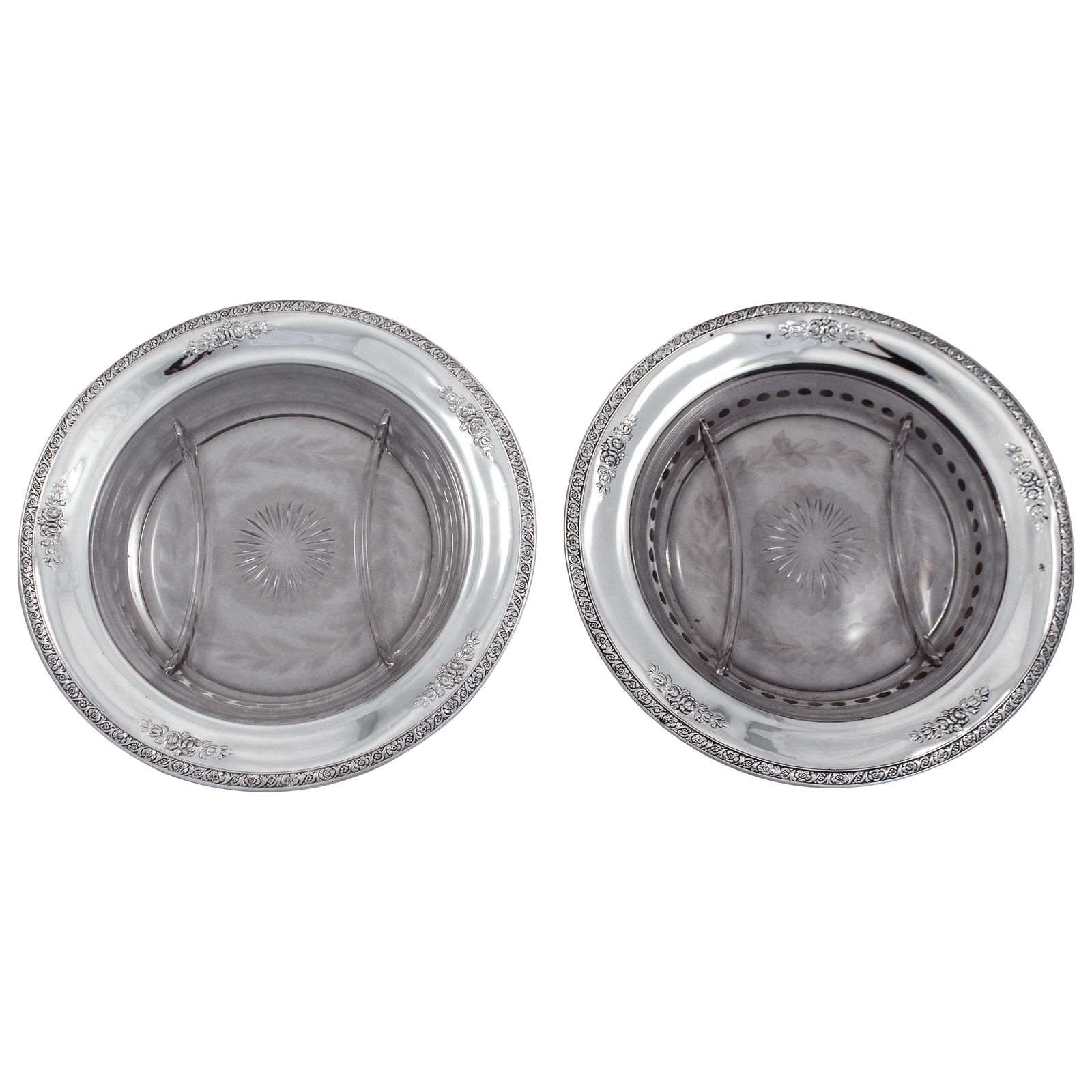 Exquisite Wm E Hunt Sterling Silver Crystal Sectionals Set of 2 10 in: Exquisite Wm E Hunt Sterling Silver Crystal Sectionals Set of 2 10 in Elevate your entertaining with this exquisite pair of sterling silver and crystal sectionals crafted by Wm. E. Hunt Silver Company