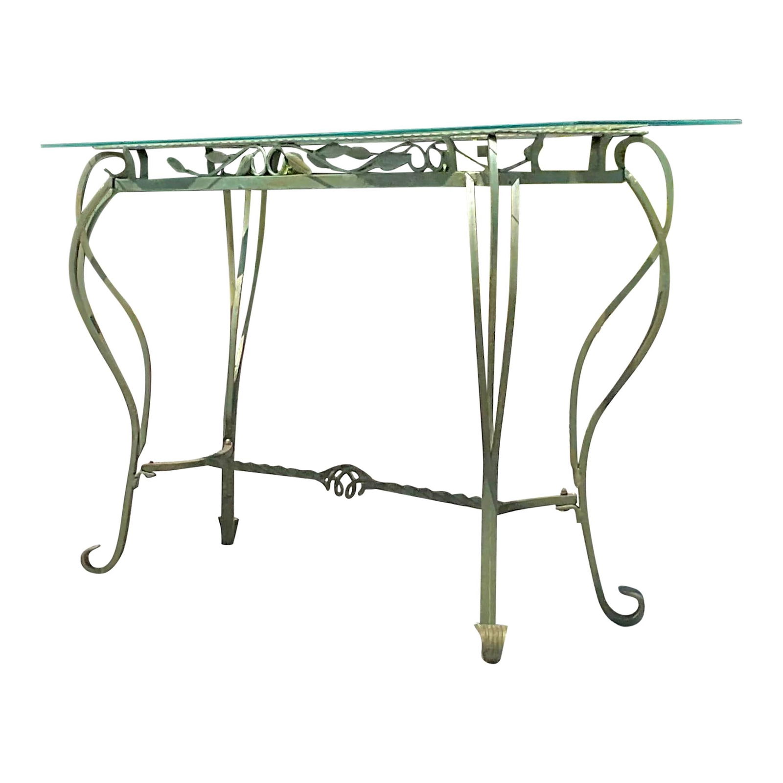 Vintage Regency Wrought Iron Leaf Console Table Pistachio Finish: Vintage Regency Wrought Iron Leaf Console Table Pistachio Finish Enhance your living space with this Vintage Regency Wrought Iron Leaf Console Table, showcasing intricate leaf motifs and masterful Ame