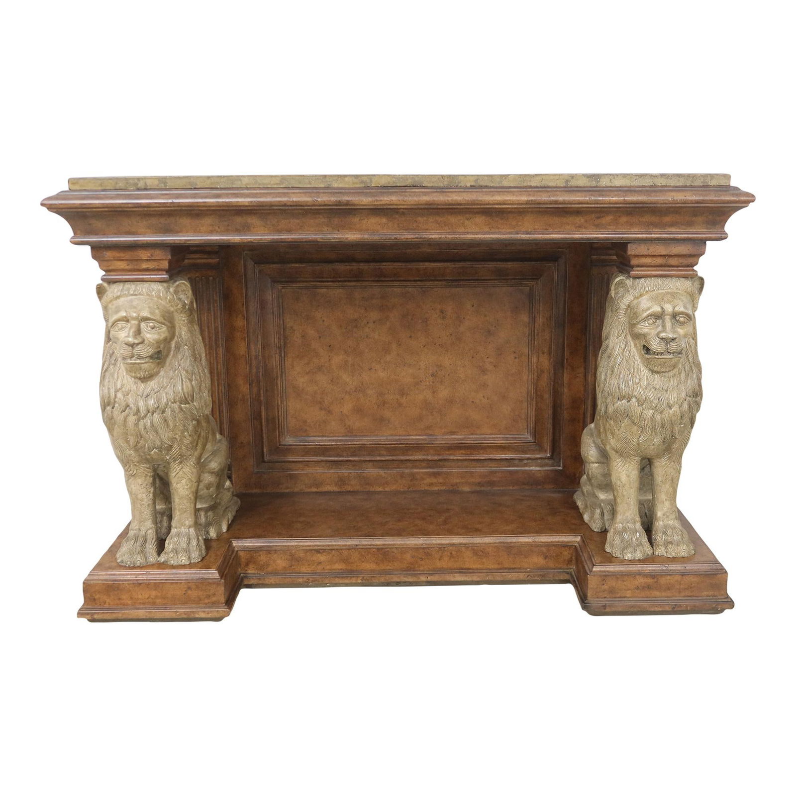 Regency Style Console Table with Gold Lion Bases 52 x 20 x 36: Regency Style Console Table with Gold Lion Bases 52 x 20 x 36 This Regency Style Full Lion Base Petticoat Console Table is a striking addition to any entryway or hall. Approximately 30 years old, it f
