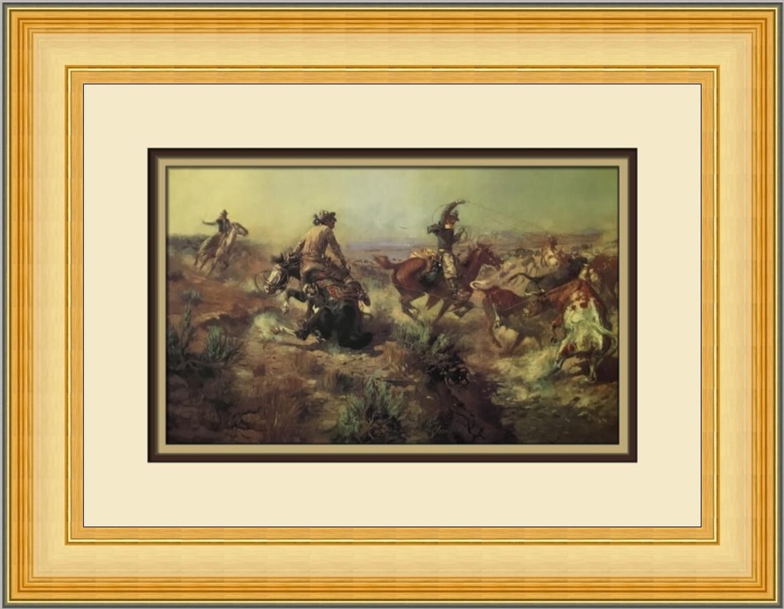 Charles Russell Jerked Down Custom Framed Print 15 x 19 in Impressionism 1979: Charles Russell Jerked Down Custom Framed Print 15 x 19 in Impressionism 1979 This stunning custom framed print titled "Jerked Down" by renowned artist Charles Russell captures the essence of Impressi
