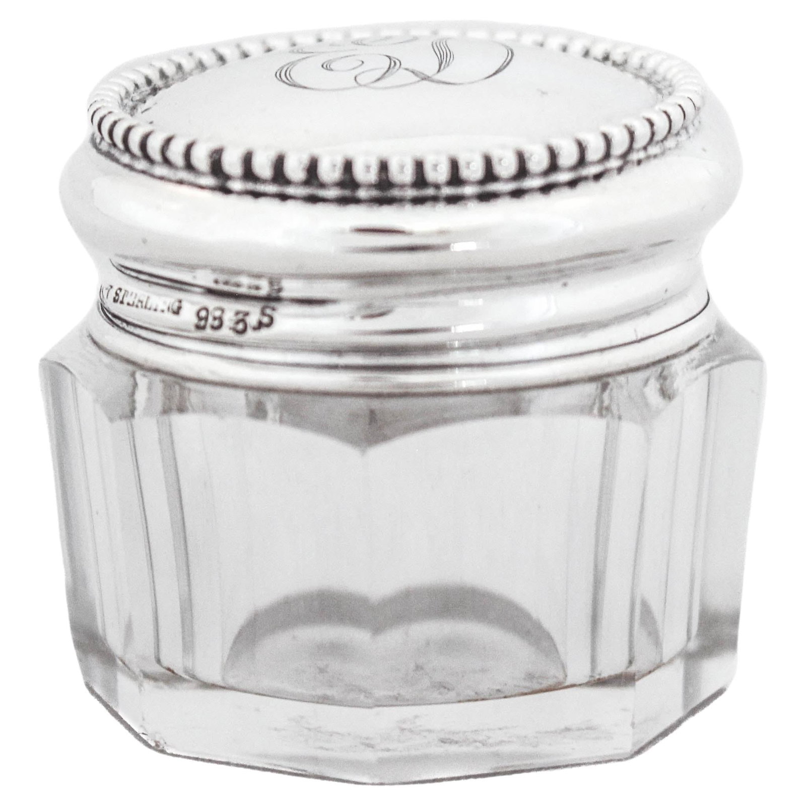 Sterling Silver Art Deco Vanity Jar with Crystal: Sterling Silver Art Deco Vanity Jar with Crystal This exquisite Sterling Silver Art Deco Vanity Jar showcases a beautiful blend of functionality and decorative charm. Crafted circa 1920's, this piece 