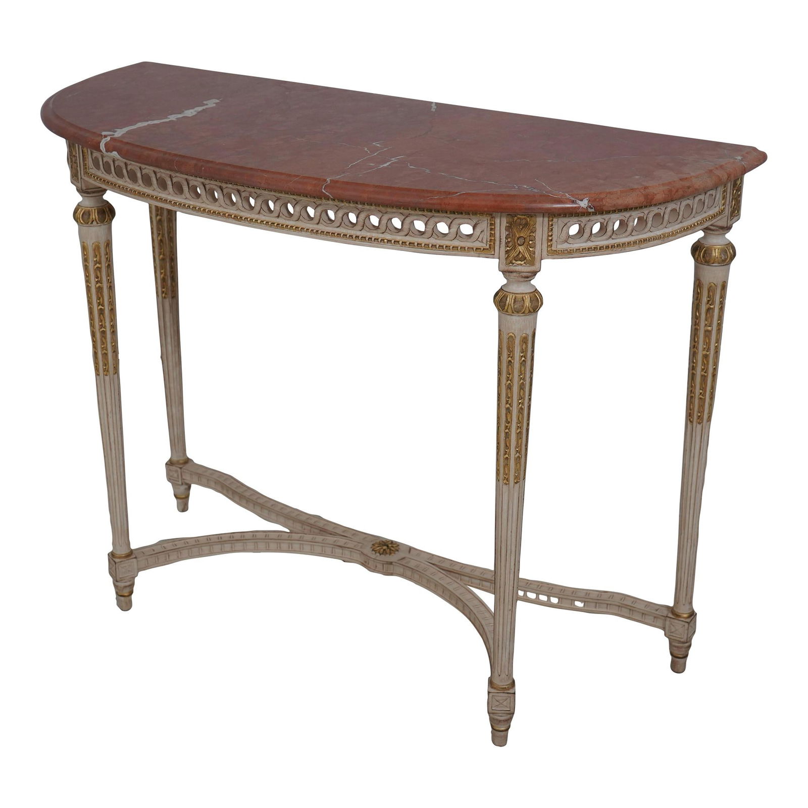Elegant French Louis XVI Style Marble Top Console Table 44.5w x 19d x 33.5h: Elegant French Louis XVI Style Marble Top Console Table 44.5w x 19d x 33.5h This exquisite French Louis XVI Style Console Table features a beautifully beveled edge marble top, showcasing a high-qualit