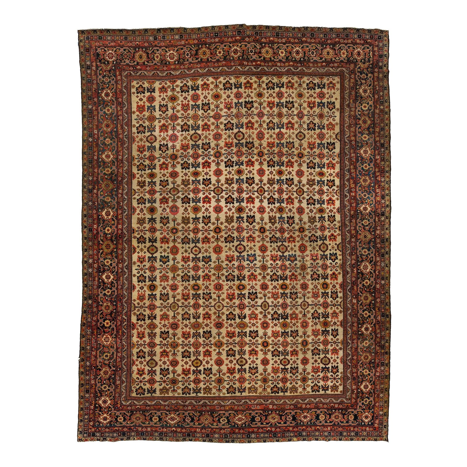 1880s Handmade Persian Farahan Wool Rug Beige Tan Floral Design 11'10 x 15'10: 1880s Handmade Persian Farahan Wool Rug Beige Tan Floral Design 11'10 x 15'10 This exquisite Persian antique Farahan rug, dating back to the 1880s, showcases a stunning beige-tan color field adorned w