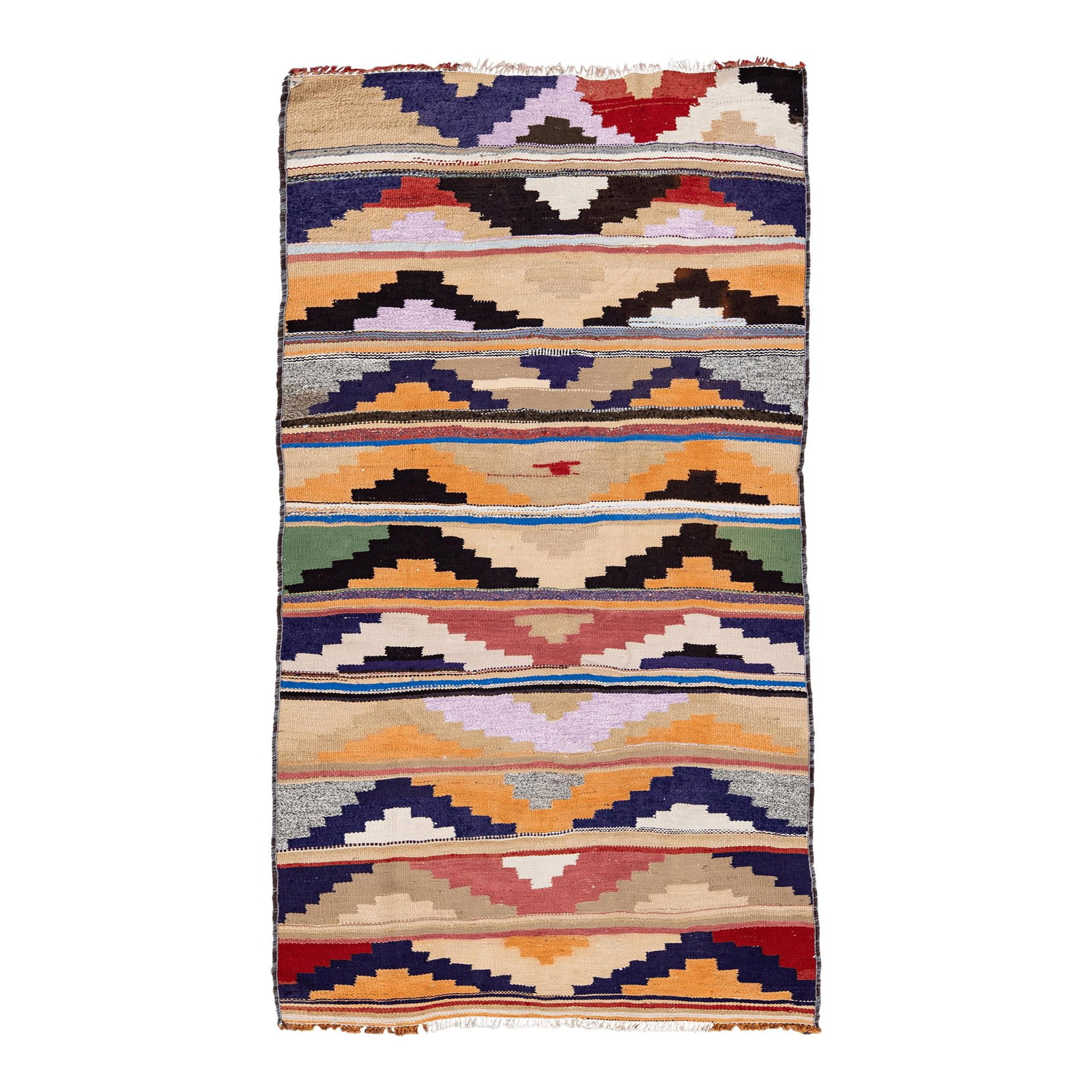 Vintage Handmade Kilim Wool Runner 4'0" x 7'3" Beige Geometric Design: Vintage Handmade Kilim Wool Runner 4'0" x 7'3" Beige Geometric Design Beautiful kilim handmade wool runner with a beige field. This Vintage flatweave rug features a gorgeous all-over geometric design.