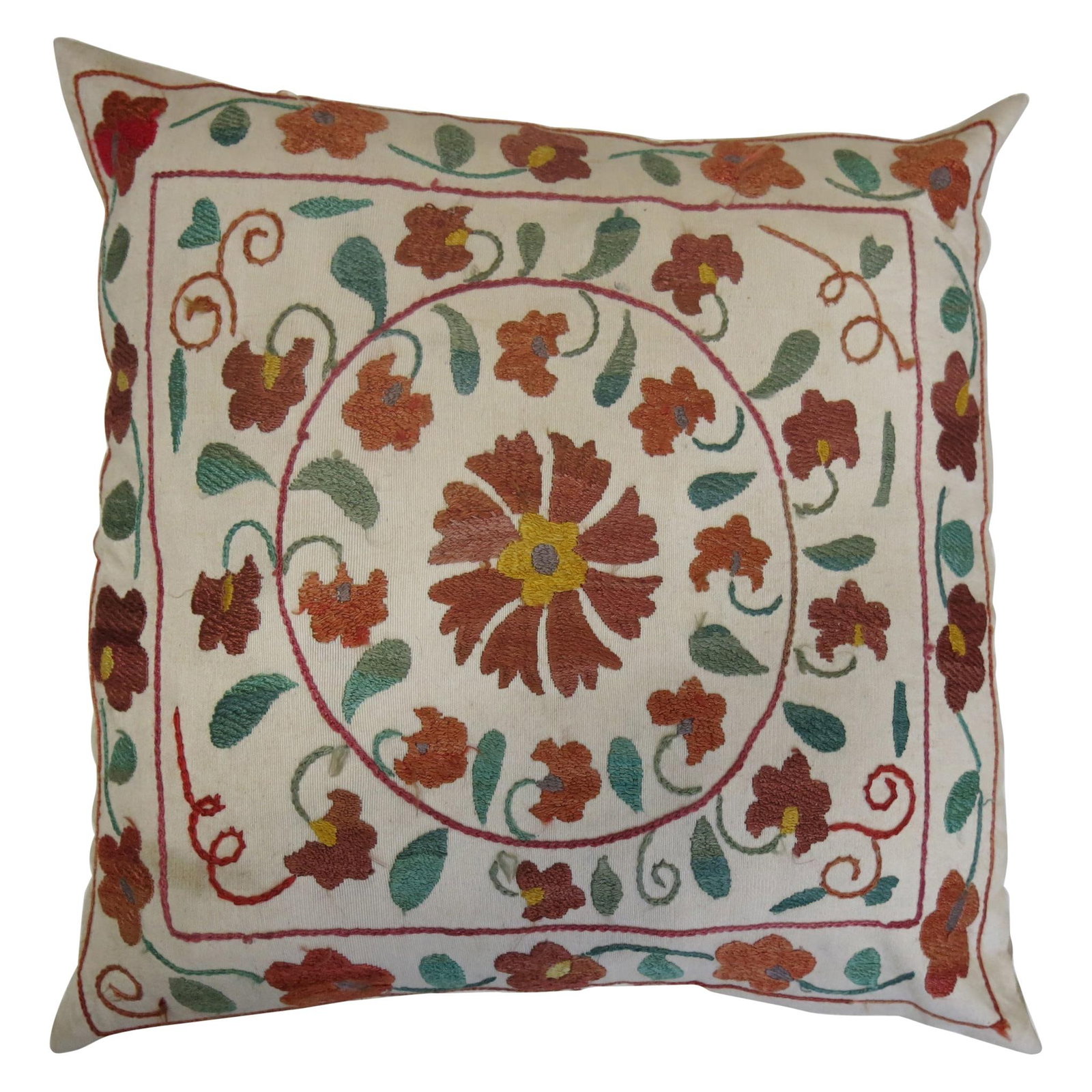 Handmade 20th Century Suzanni Textile Pillow from Uzbekistan: Handmade 20th Century Suzanni Textile Pillow from Uzbekistan Enhance your home decor with this exquisite Suzanni Textile Pillow, crafted from a handmade embroidered textile. This indoor pillow feature