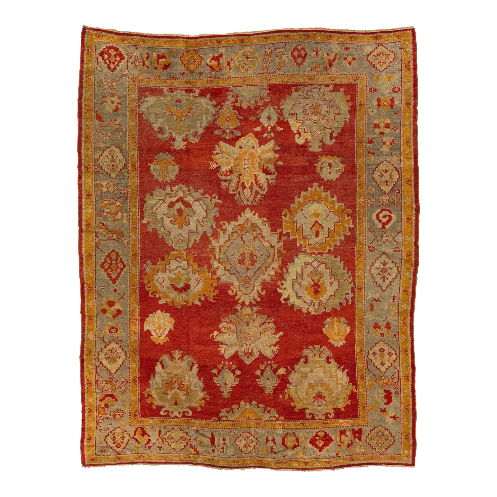 Antique Turkish Oushak Wool Rug 10'4 x 13'3 Red Floral Design Handmade: Antique Turkish Oushak Wool Rug 10'4 x 13'3 Red Floral Design Handmade This exquisite Turkish Oushak antique rug is hand-knotted from soft wool and showcases a vibrant red color field, accentuated by
