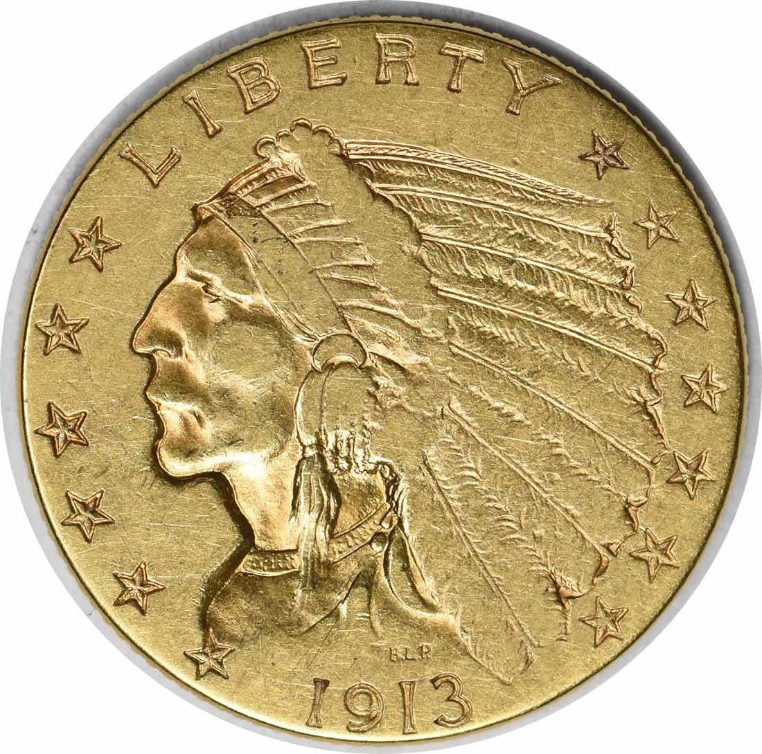1913 $2.50 Gold Indian Coin XF by Bela Lyon Pratt: 1913 $2.50 Gold Indian Coin XF by Bela Lyon Pratt This 1913 $2.50 Gold Indian coin showcases a stunning design by Bela Lyon Pratt. Struck in Philadelphia, this coin is composed of 90% gold and 10% cop