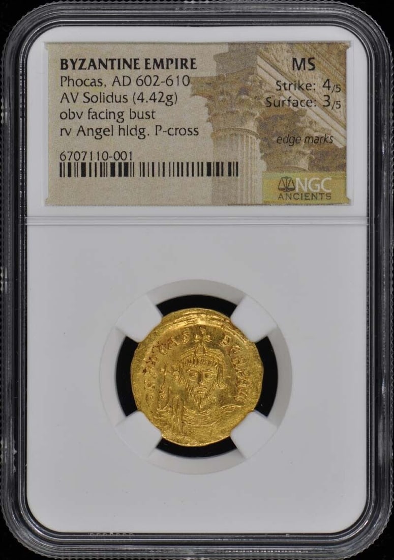 Phocas AD 602-610 Byzantine Empire Gold Solidus NGC MS60: Phocas AD 602-610 Byzantine Empire Gold Solidus NGC MS60 This exquisite gold solidus coin from the Byzantine Empire features the reign of Phocas, dating from AD 602 to 610. Certified by NGC with a gra